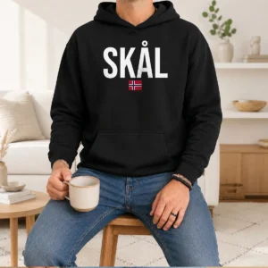 Premium Skal Norwegian Phrase Saying Gift Cheers In Norway Hoodie in dark gray with front pocket and drawstring hood