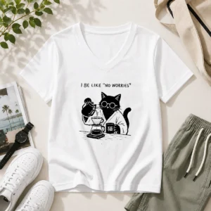 Funny I Be Like No Worries Then Worries Black Cat Coffee Lover V-Neck Shirt