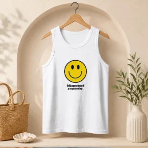 Pretty I Disappointed A Man Today Smiley Face Sarcastic tank top in black with bold white text and smiley face graphic