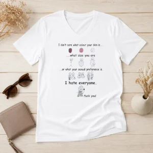 Funny Awesome I Hate Everyone Stick Figure V Neck Shirt in black with white stick figure graphic and text