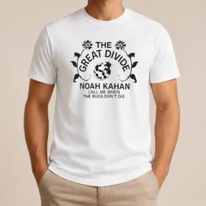 Top Noah Kahan The Great Divide Tour Concert Call Me When The Bugs Dont Die t shirt in black, front view