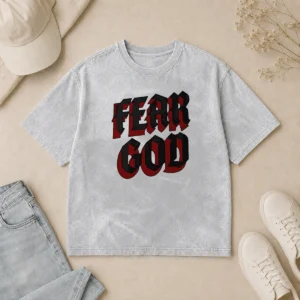 Top Fear God Script Print Faith Inspired Minimalist Religious Statement Washed T-Shirt