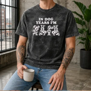 Top Official Snoopy In Dog Years I'M Dead Cartoon Dogs Washed T Shirt showing front print on soft cotton fabric