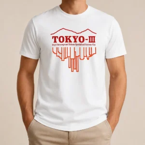 Original Tokyo III Angel Intercept And Defense Specialized Fortress City t shirt featuring bold graphic design on a classic crew neck