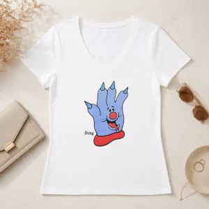 Funny Hot Sting Blue Cartoon Hand Character Mascot V-Neck Shirt