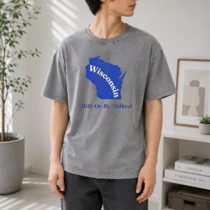 Original Wisconsin State Milk Or Be Milked Map Washed T Shirt in soft cotton with faded vintage print