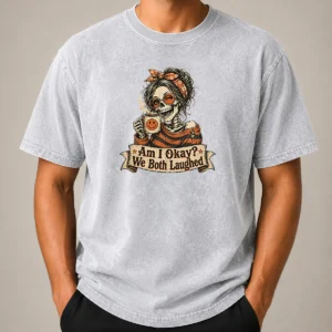 Original Vintage Funny Halloween Skeleton Girl Coffee Washed T-Shirt