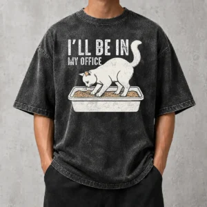 Nice Official I Will Be In My Office Funny Cat Meme Litter Box Washed T Shirt in soft cotton fabric with faded vintage look