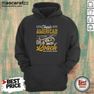 Nice Classic American Hughes OH 6 Cayuse Loach Arm Aviation Action Hoodie in dark color with front pocket and hood