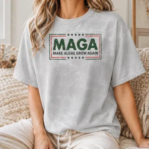 Official MAGA Make Algae Grow Again Political Parody Meme Team Algae 2026 Washed T Shirt in faded blue cotton fabric