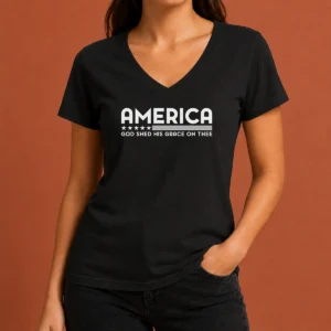 Hot Pretty God Shed His Grace On Thee V Neck Shirt in black with white text design, soft fabric, short sleeves, and fitted cut
