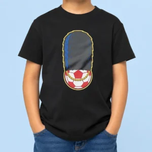 Official Funny London Guard British Soldier Soccer Ball Chain Kids T Shirt featuring a playful graphic on a comfortable cotton fabric