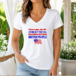 Premium July 4th I Forget USA Has Problems And Harass British People V Neck Shirt in dark grey, soft fabric with short sleeves