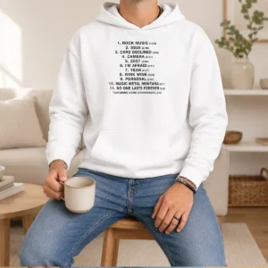Top No One Lasts Forever Featuring David Cronenberg Tracklist Hoodie in black with full front print of tracklist design