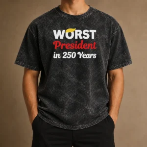 Official Worst President In 250 Years Washed T Shirt in soft, faded fabric with classic crew neck