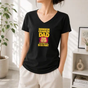 Awesome Perfect Dungeon Crawler Dad V Neck Shirt in dark color with bold graphic print