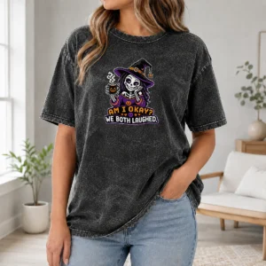 Hot Top Halloween Coffee Skeleton Girl Pixel Washed T-Shirt