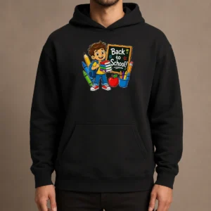 Nice Excited Student Back To School Vector Hoodie in charcoal gray with front pocket and adjustable hood