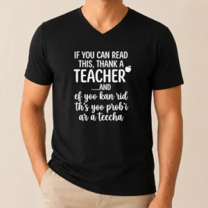 Original If You Can Read This Thank A Teacher And Ef Yoo Kan Rid Ths Yoo Probi Ar A Teecha V Neck Shirt in black with white text on front