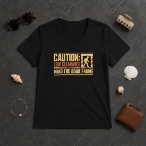 Original Premium Caution Low Clearance Mind The Door Frame V Neck Shirt in charcoal gray with short sleeves