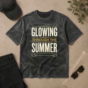 Top Glowing Through The Summer Text Sunshine Season Lover Summer Washed T Shirt in soft cotton fabric with vibrant summer text design