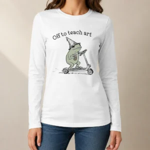Funny Premium Frog Off To Teach Art With Iced Coffee On Scooter Long Sleeve Shirt