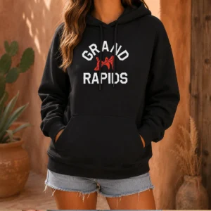 Funny Grand Rapids Michigan City Logo Hoodie in dark gray with front pocket and drawstring hood