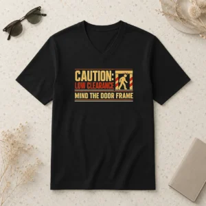 Funny Caution Low Clearance Mind The Door Frame V Neck Shirt in black, front view with clear text design