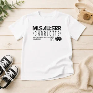 Awesome MLS All Star Charlotte 2026 Major League Soccer Vs Liga MX kids t shirt front view in blue