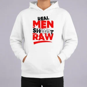 Funny Real Men Shoot Raw Photography Camera Shutter Aperture Hoodie in black, comfortable pullover with front pocket