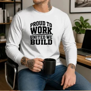 Hot American Labor Proud Typography Silhouette Long Sleeve Shirt in black with bold white text