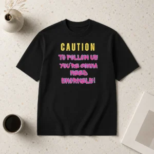 Premium Caution To Follow US You'Re Gonna Need Snorkels t shirt in white with bold yellow and black caution tape design