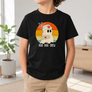 Hot Boo Boo Crew Retro Ghost Nurse Halloween Kids T-Shirt