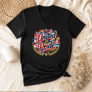 Official United In Pride National Flag Typography V Neck Shirt showing colorful flag design on soft fabric