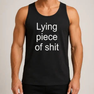 Pretty Lying Piece Of Shit Quote Sarcastic Insult Tank Top in black, casual sleeveless shirt with bold white text