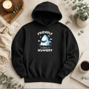 Nice Shark Grinning Friendly Until Hungry Hoodie in dark gray with front kangaroo pocket and drawstring hood
