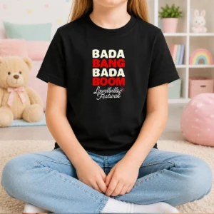Pretty Lowellville Festival Bada Bang Bada Boom kids t shirt in bright colors, front view on white background