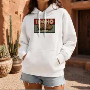 Official Idaho Spud Railcar Potato Hoodie featuring a comfortable pullover design with front pocket and vibrant graphic