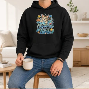 Original Cute Kittens Of The Sea Watercolor Line Art Hoodie in soft cotton blend with front pocket and adjustable hood
