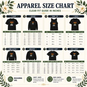 Size chart for Good Impossible Is Nothing Slogan with measurements in inches and cm