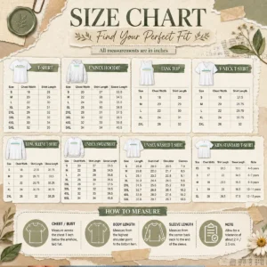 Size chart for Premium By His Striped I Am Healed Jesus Faith with measurements in inches and cm