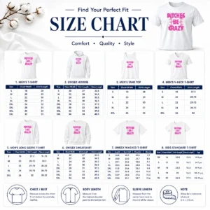 Size chart for Awesome Softball Apparel Pitches Be Crazy with measurements in inches and cm