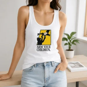 Pretty Black Cat Holding Submachine Gun And Hand Arm Your Children tank top in black, featuring a bold graphic print