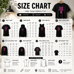Size chart for Hot Original We Stand With The Epstein Victims Pink Ribbon showing measurements in inches and cm