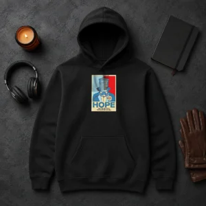 Official Count Binface For Clacton On Sea Hope Hoodie in black, featuring a comfortable pullover style with front pocket and drawstring hood