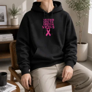 Hot Original We Stand With The Epstein Victims Pink Ribbon Hoodie in pink with front pocket and drawstring hood