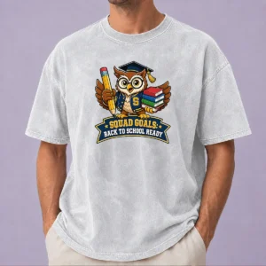 Nice Hot Back To School Owl Mascot Squad washed t shirt featuring a vibrant owl mascot design on soft cotton fabric