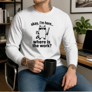Funny Tiny Hero, Big Workload Geek long sleeve shirt in soft cotton fabric, featuring a humorous geek-themed graphic