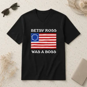 Nice Betsy Ross Was A Boss Revolutionary War Flag V Neck Shirt in navy blue, front view with graphic print