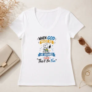 Funny Snoopy Peanuts When God Made Me He Grinned And Said Thisll Be Fun V-Neck Shirt